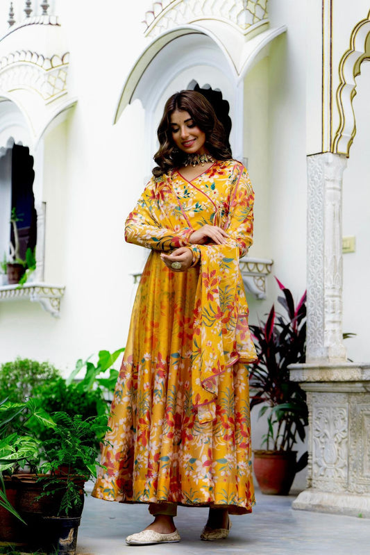 Mustred yellow pure chiffon anarkali with lining three piece set (T51)