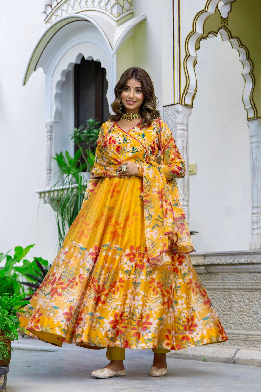 Mustred yellow pure chiffon anarkali with lining three piece set (T51)