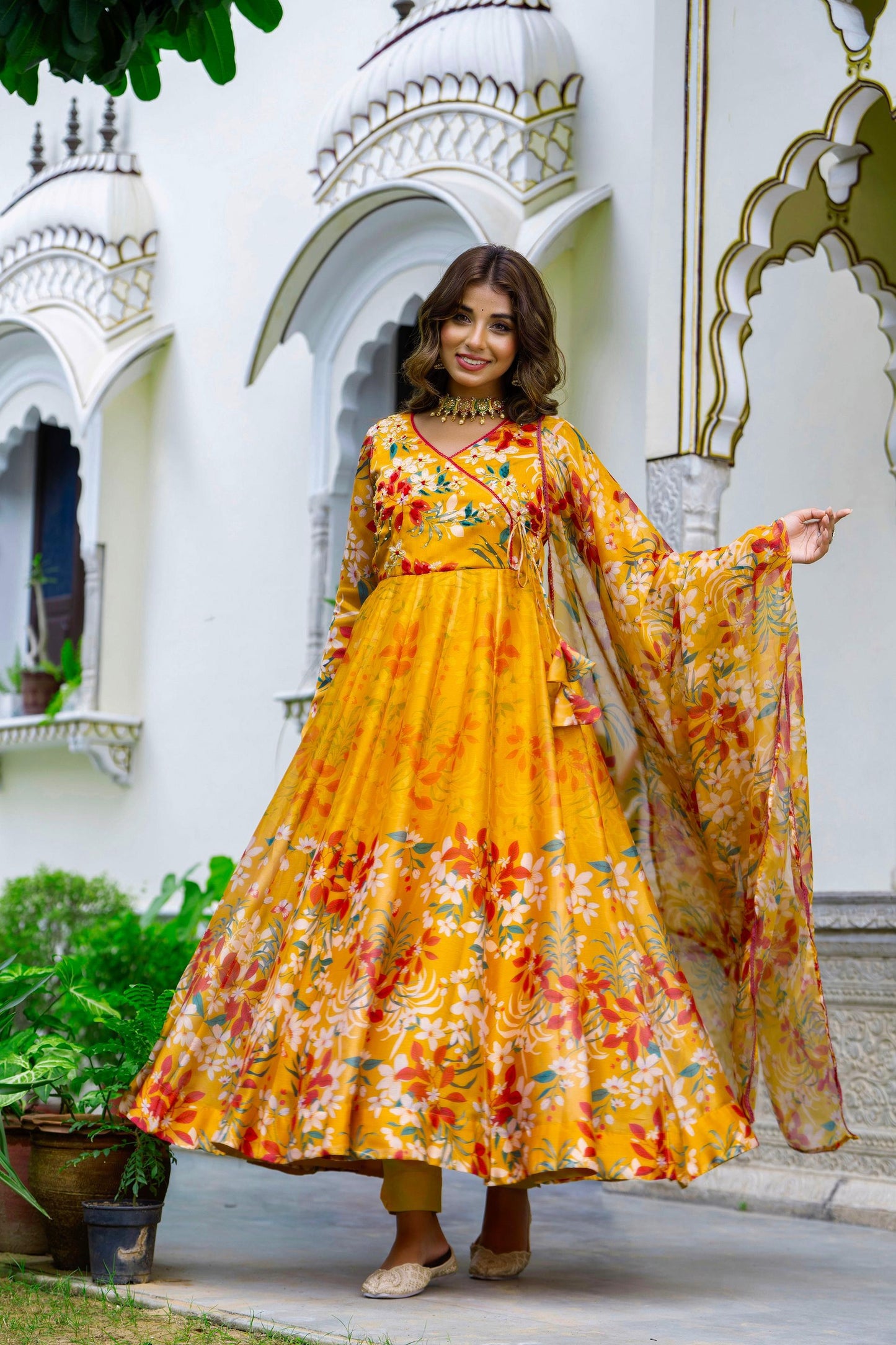 Mustred yellow pure chiffon anarkali with lining three piece set (T51)