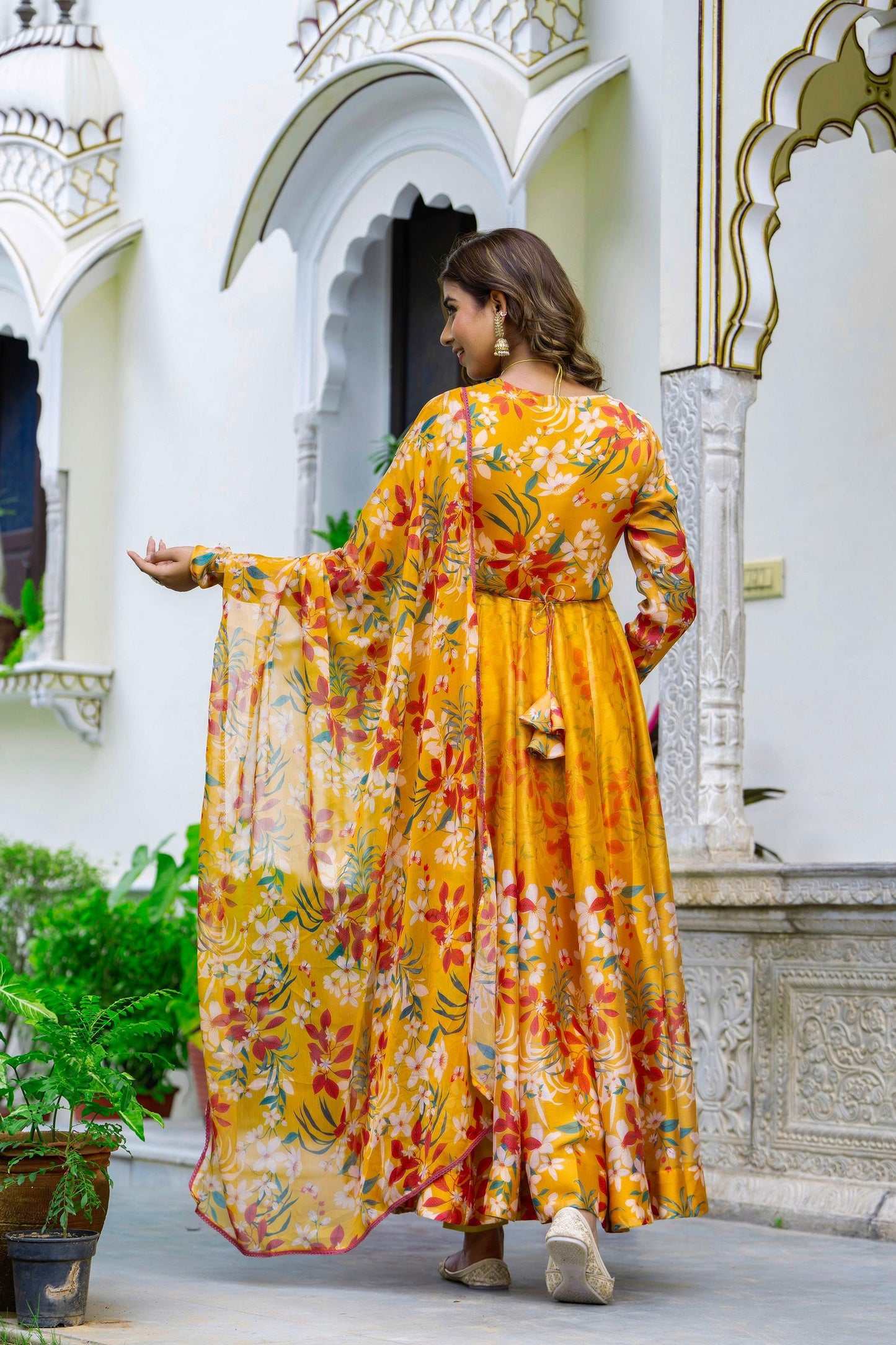 Mustred yellow pure chiffon anarkali with lining three piece set (T51)