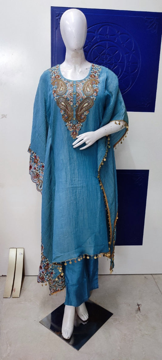 Blue crushed tissue with lining kaftan set (P918)