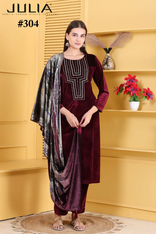 Dark wine pure velvet designer three piece set (W14)