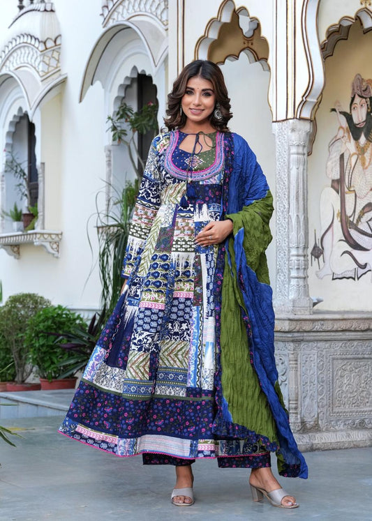 Blue block print full flared three piece anarkali (P1230)