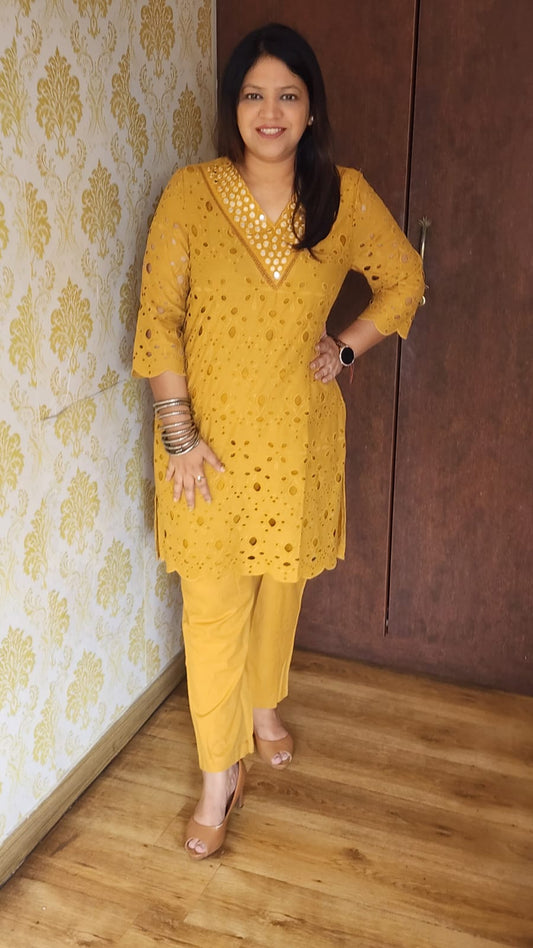 Mustred yellow hakoba with mul lining two piece cordset (P1576)