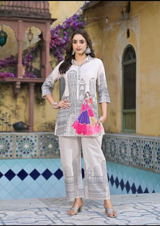 White pure cotton digital print two piece set with mul lining (P1658) (slim fit)