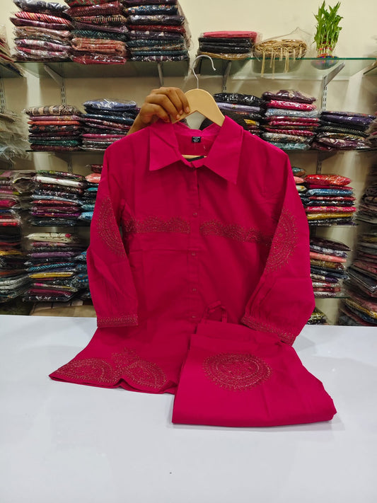Rani pink fully embroidered two piece cordset (A414)