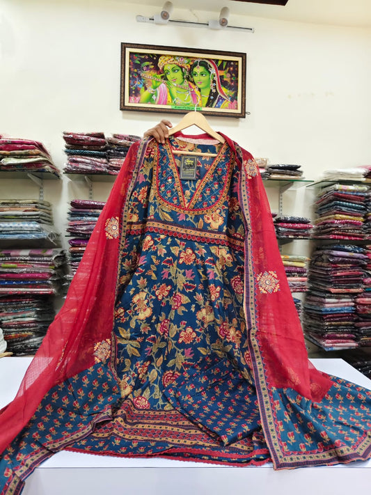 Blue pure cotton kalamkari fully flared three piece set (P2381)