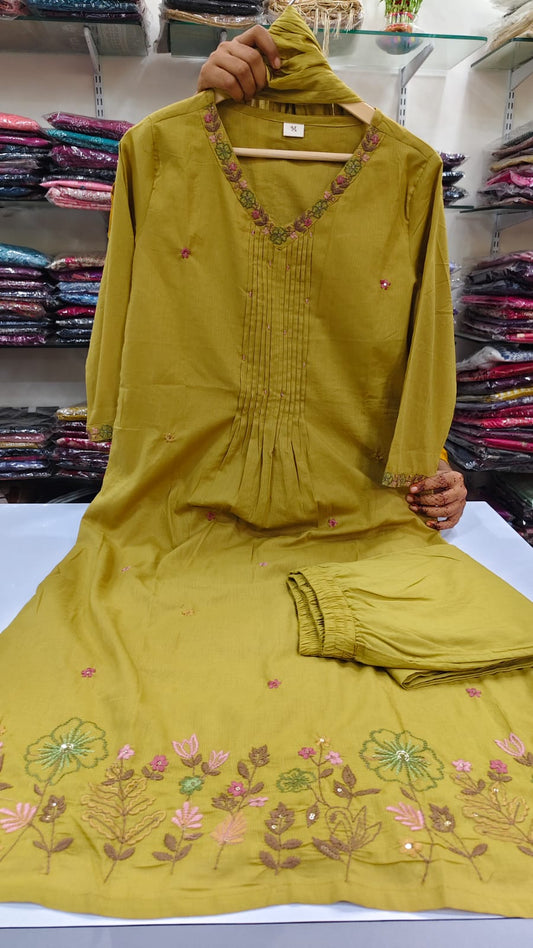 Lime yellow pure cotton three piece set (A586)