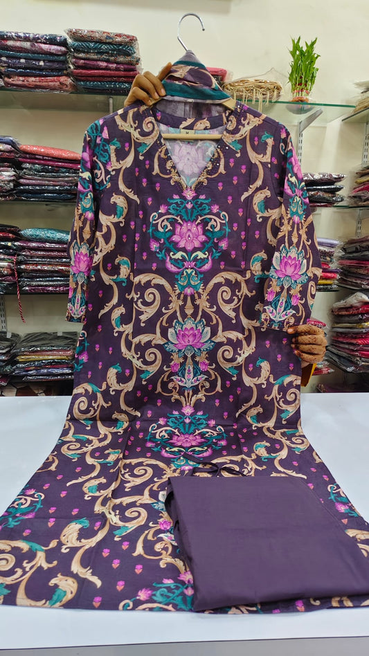 Purple digital print pure cotton three piece set (A545)