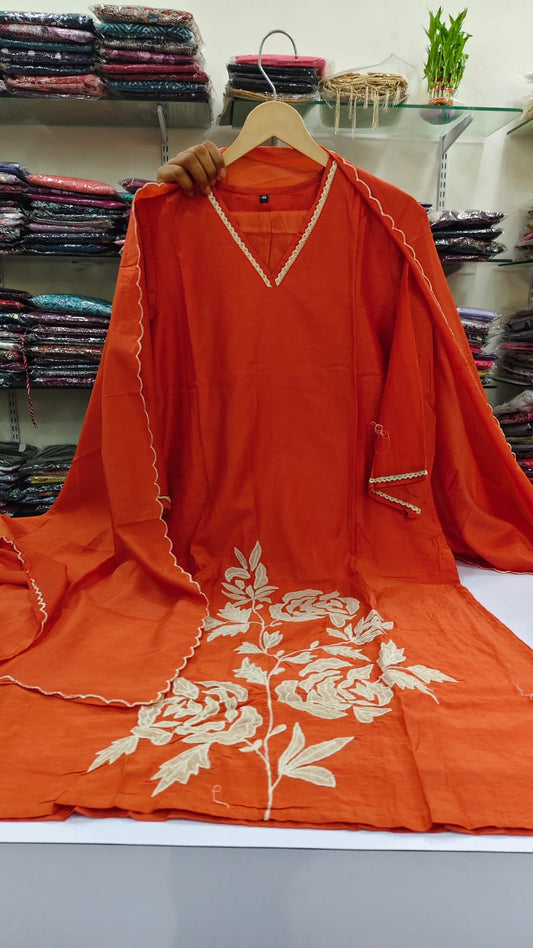 Orange pure mul chanderi with applique work three piece set (A563)