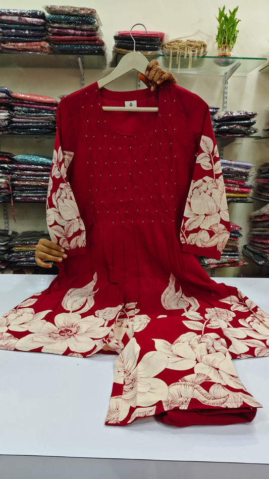 Red digital print pure cotton two piece set (A544)