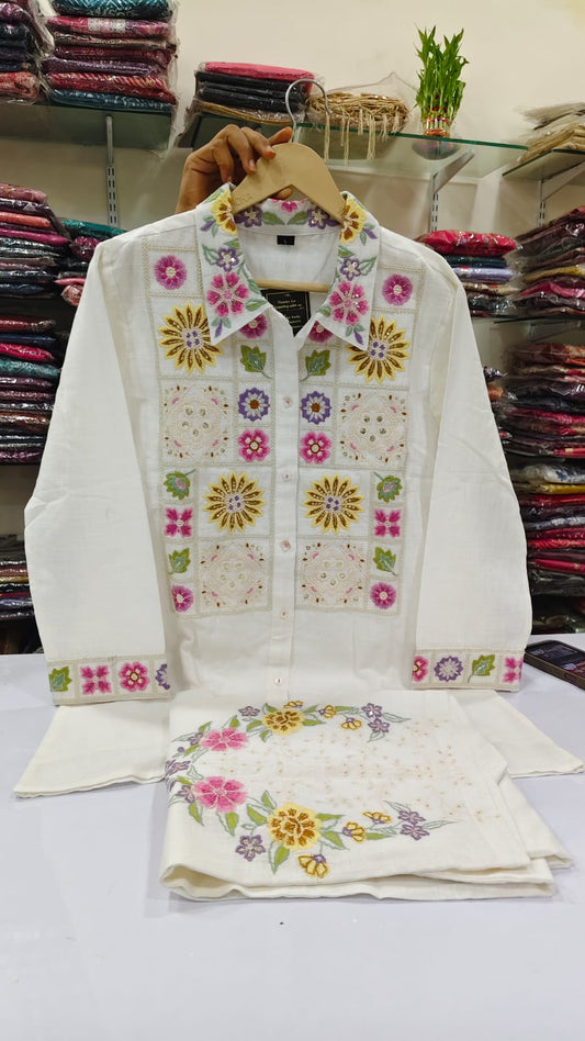 White pure linen Fully thread work two piece cordset (A538)