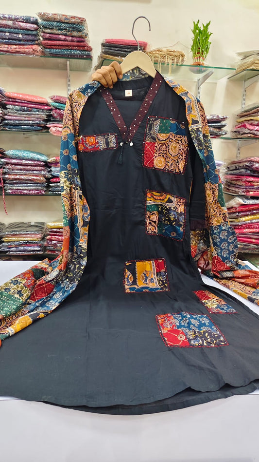 Black with applique work pure cotton three piece set (A579)
