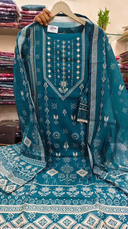 Peacock blue cotton chanderi with mul lining three piece set (A623)