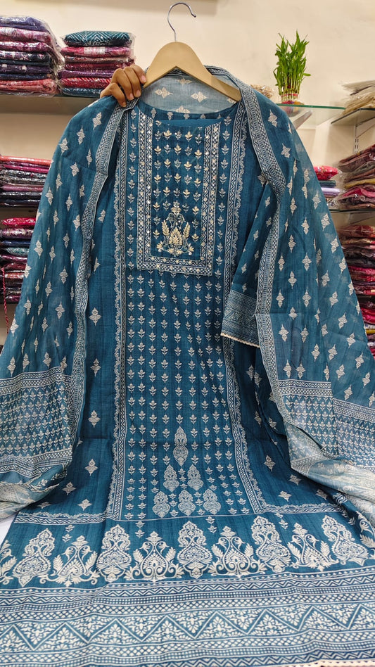 blue cotton chanderi with mul lining three piece set (A628)