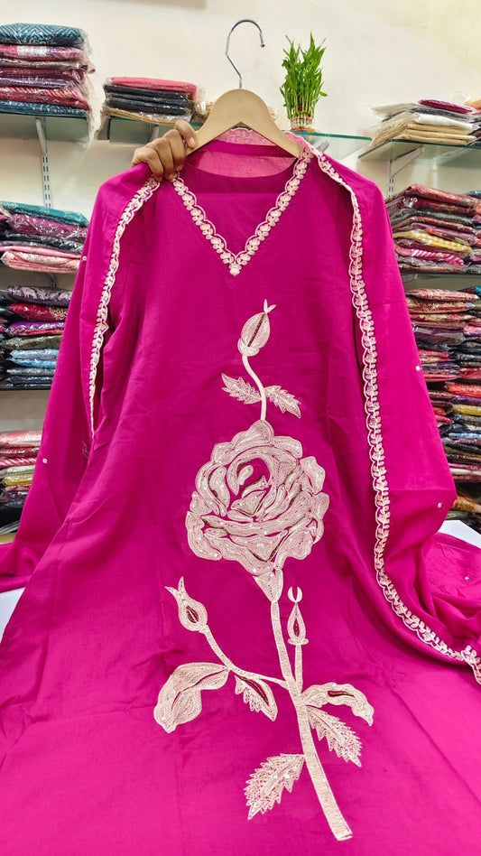 Rani pink pure cotton fully embroidered three piece set   (A657)