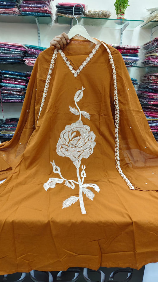 Mustred yellow pure cotton fully embroidered three piece set (A656)