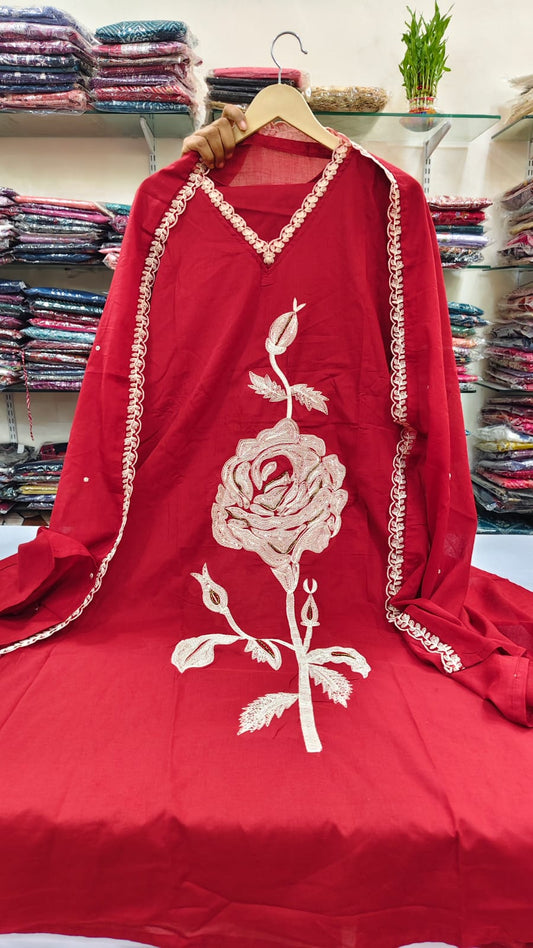 Red pure cotton fully embroidered three piece set (A658)