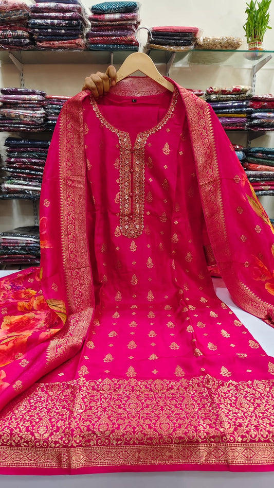 Rani pink pure banarsi silk three piece set (A655)