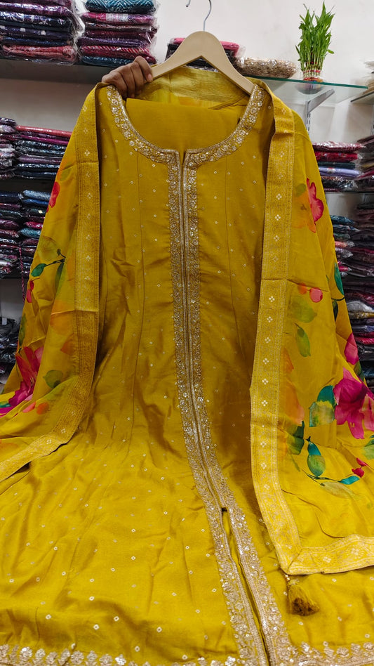 Yellow Russian silk three piece anarkali (A652)