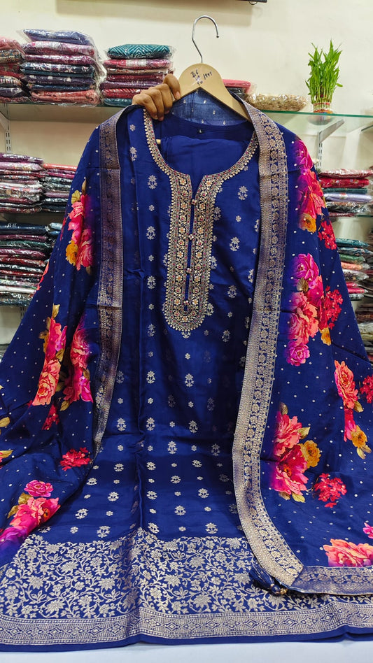 Blue pure banarsi silk three piece set (A653)