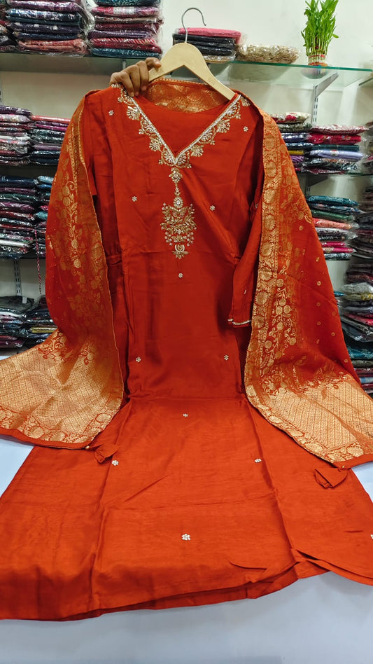 Orange with banarsi dupatta three piece set (A648)