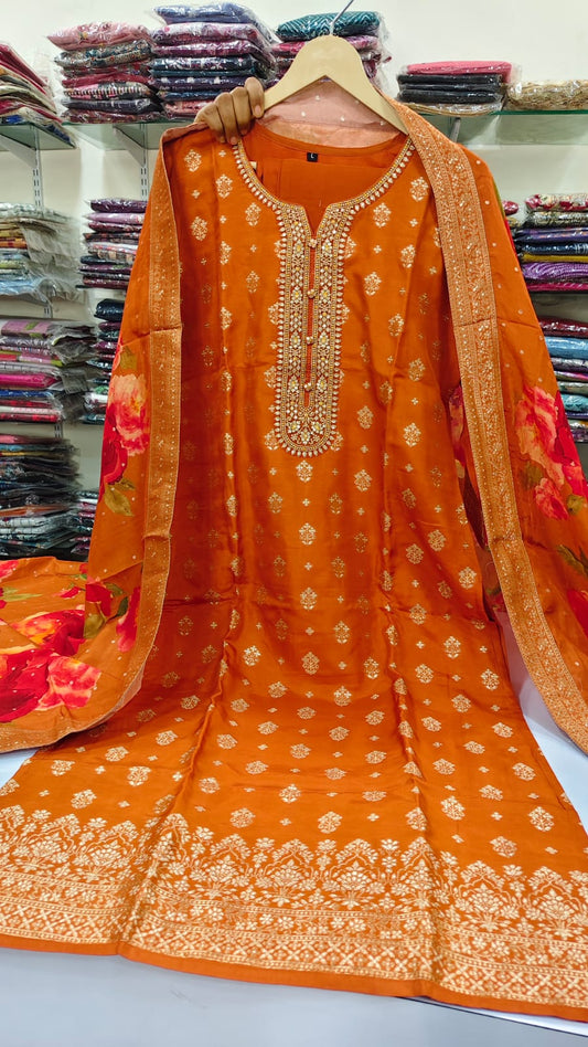 Orange pure banarsi silk three piece set (A654)