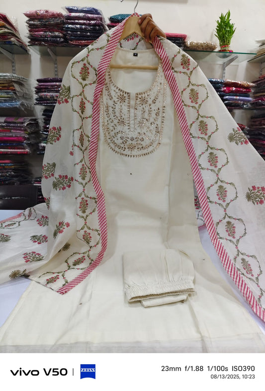 Ivory pure chanderi silk with gotta work and original block print dupatta three piece set (A663)
