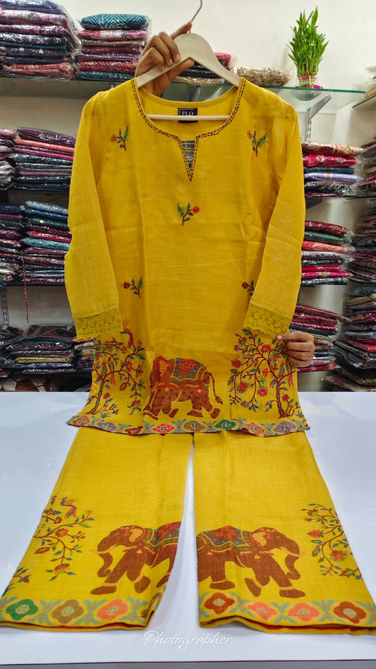 Mustred pure cotton linen with full gitten work two piece cordset (A511)