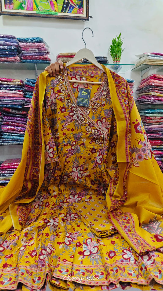 Mustred yellow pure cotton Angrakha pattern three piece set (A735)