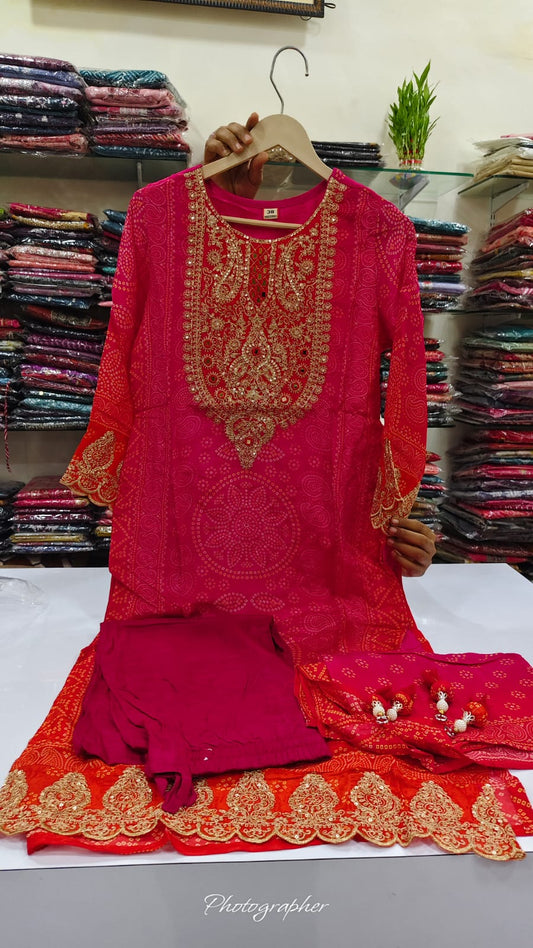 Bandani print pure crape silk three piece set (A734)