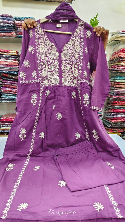 Purple pure cotton chikankari Aline pattern three piece set (A739)