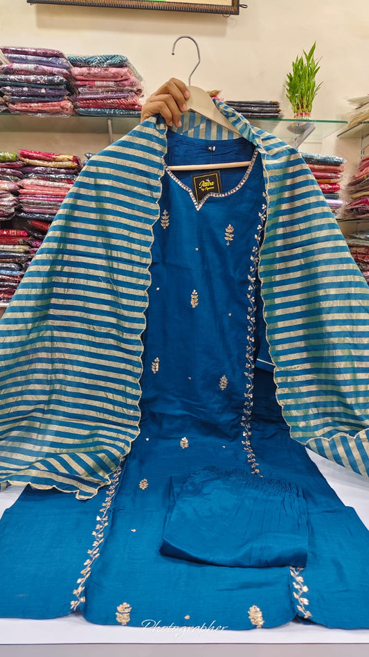 Blue pure silk with designer tissue dupatta three piece set (A736)