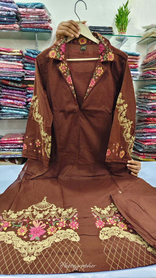 Brown pure cotton fully thread work two piece cordset (A727)