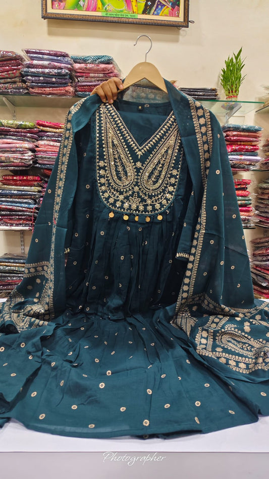 Blue pure cotton Aline  pattern three piece set (A782)