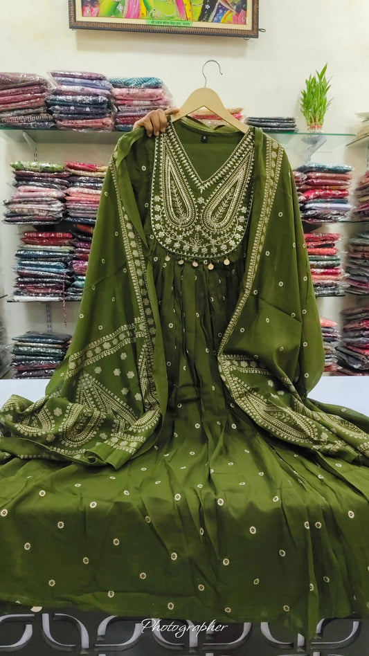 Green pure cotton Aline  pattern three piece set (A779)