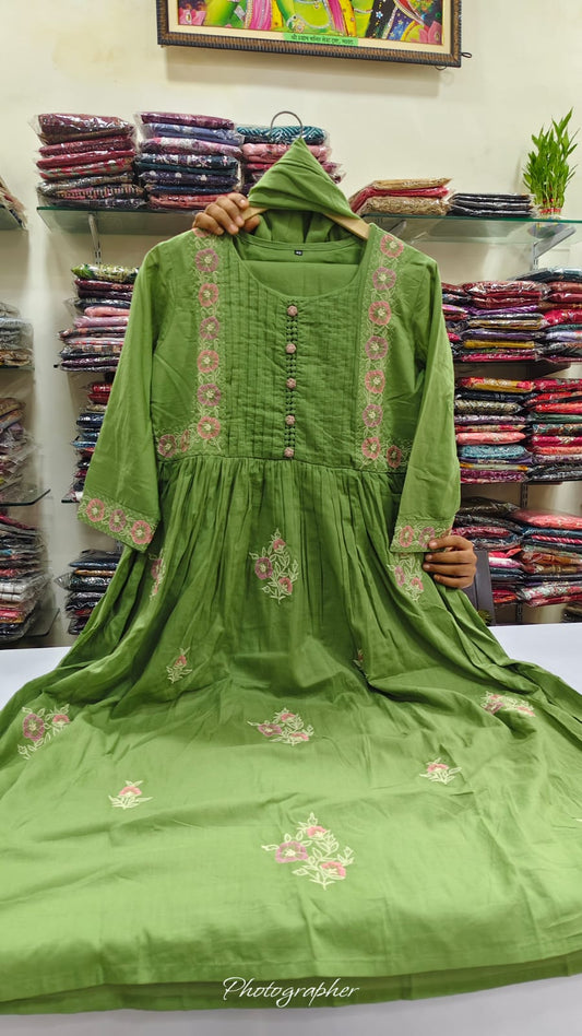 Green pure cotton fully embroidered three piece set (A539)