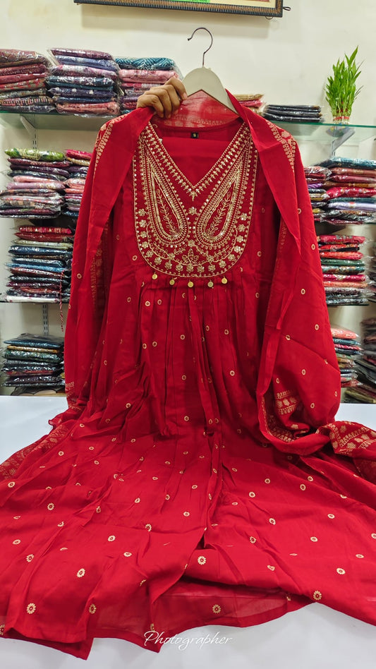 Red pure cotton Aline  pattern three piece set (A783)