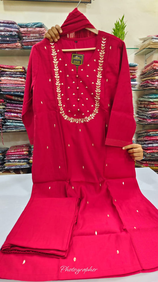 Megenta pure muslin silk three piece set (A730)