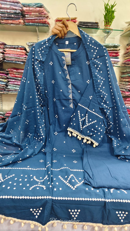 Blue pure cotton bandani print with farshi salwar three piece set (A757)