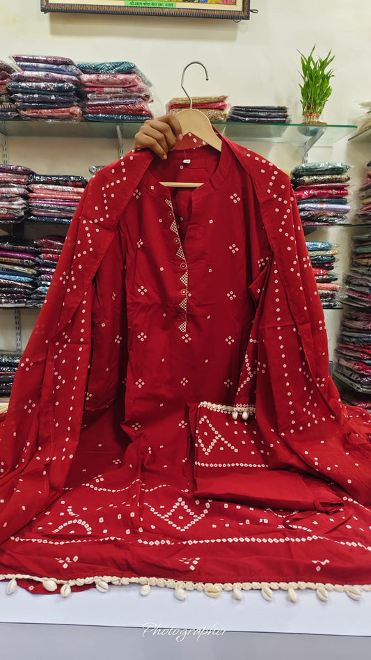 Red pure cotton bandani print with farshi salwar three piece set (A762)