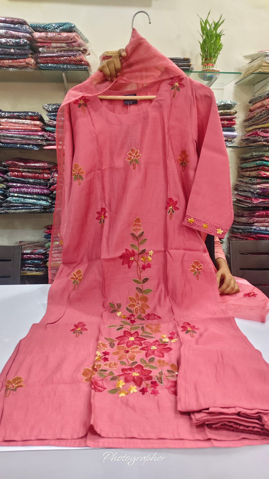 Onion pink muslin three piece set (A752)