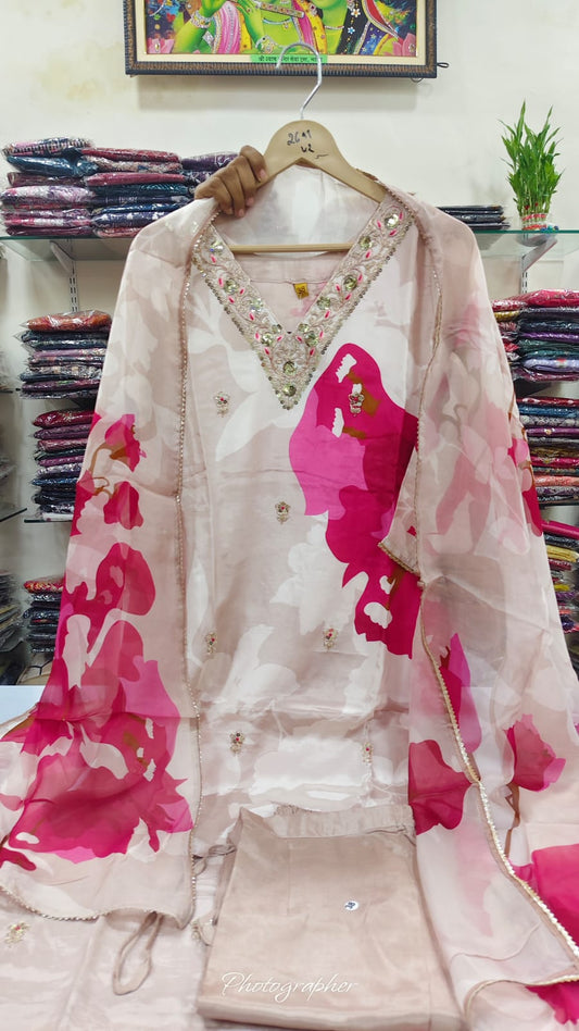 Pure crape silk with organza dupatta three piece set (A934)