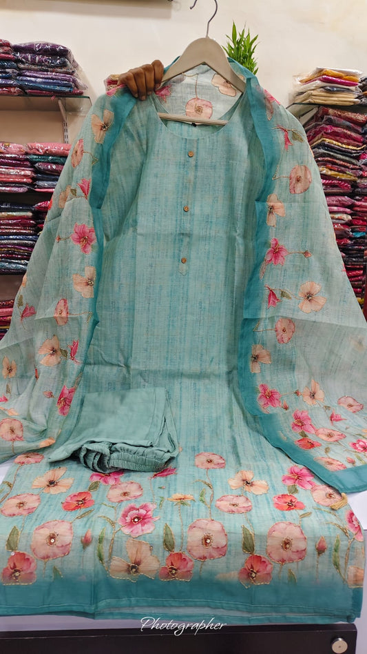Light blue cotton chanderi with katha work three piece set (A978)