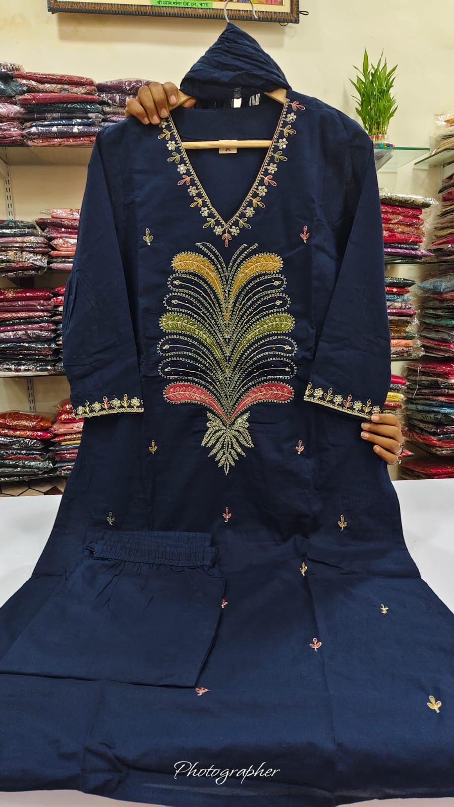 Blue pure cotton fully thread work three piece set (A988)