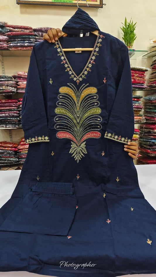 Blue pure cotton fully thread work three piece set (A988)