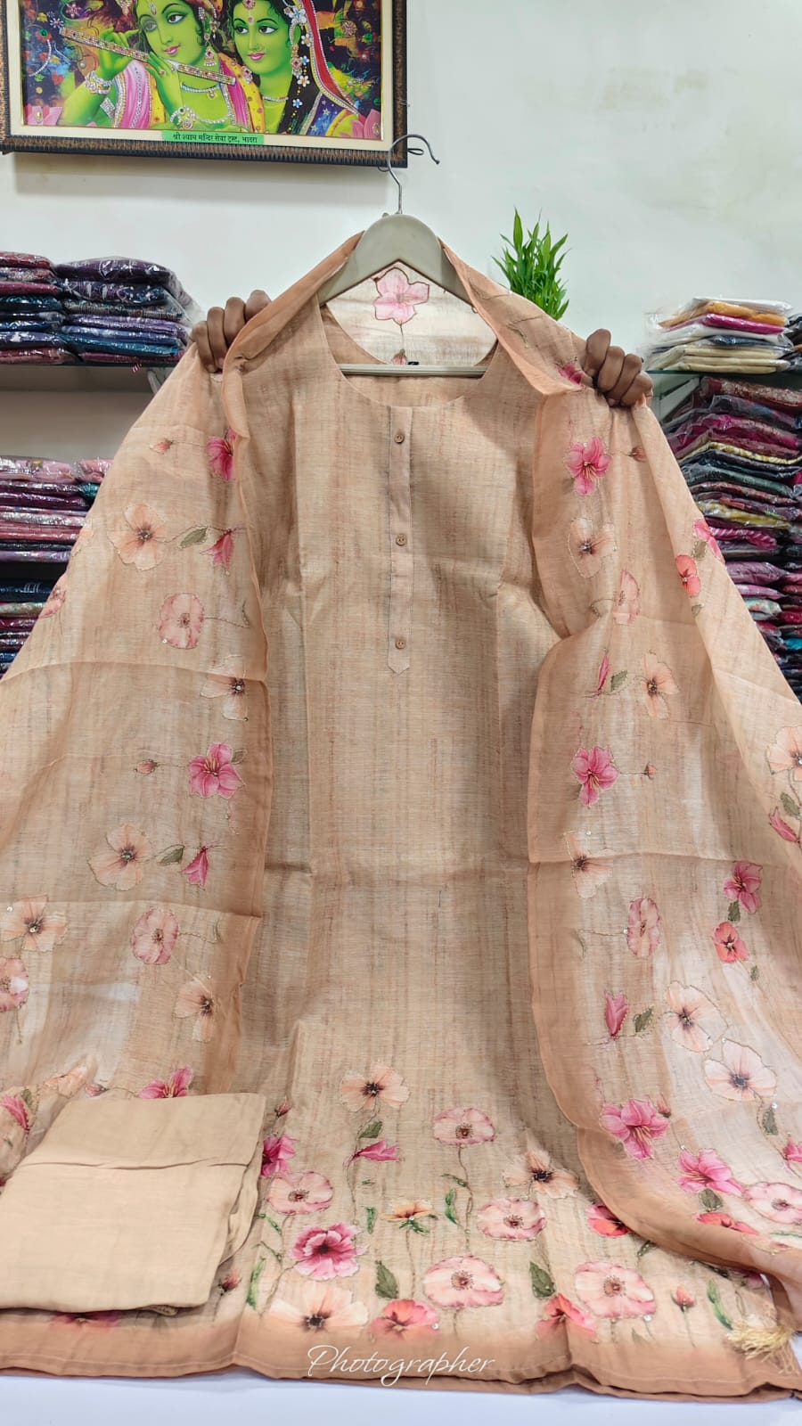 Light almond cotton chanderi with katha work three piece set (A979)