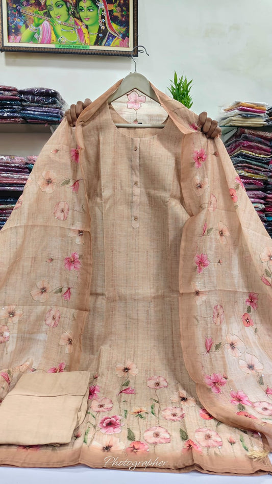 Light almond cotton chanderi with katha work three piece set (A979)