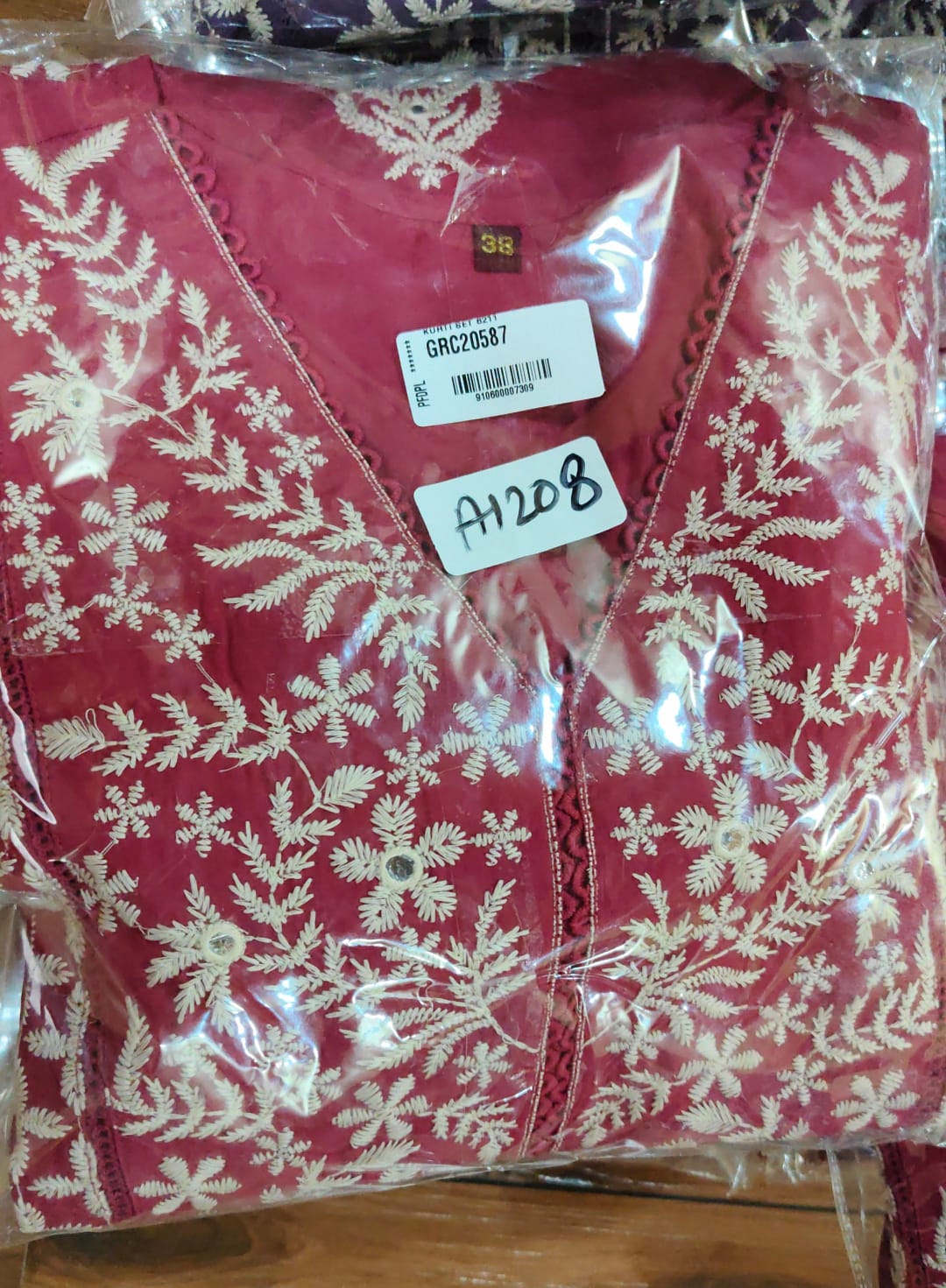 Pink pure cotton fully embroidered three piece set (A1208)