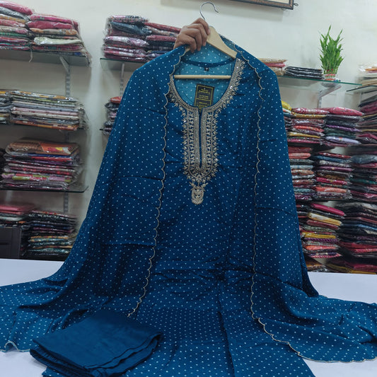 Blue bandani print pure mul silk three piece set (A940)